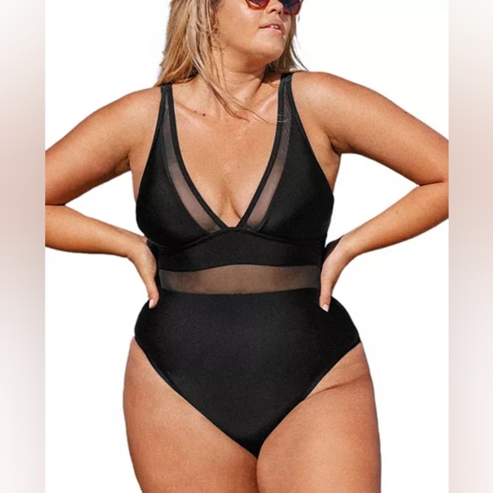 Cupshe I-10 Omniscient Solid Mesh Panel Tummy Control Black Plus Size One Piece